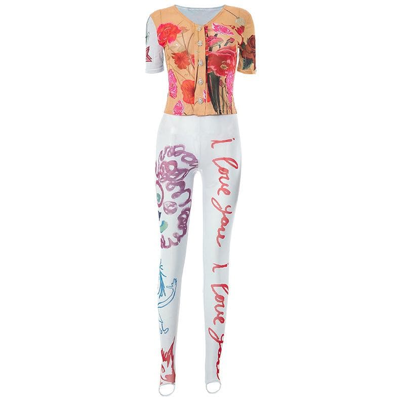 Love Blooms Fall Set: Women's Floral Sheer Top & 'I Love You' Graphic Stirrup Leggings