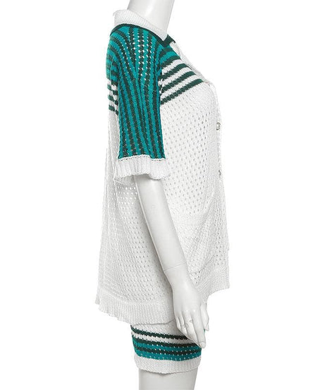 Cozy Knit Polo Top & Shorts Set - Effortless Green & White Fall Loungewear