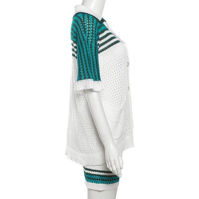 Cozy Knit Polo Top & Shorts Set - Effortless Green & White Fall Loungewear