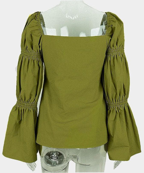 Autumn Chic: Olive Green Smocked Square Neck Blouse with Statement Puff & Bell Sleeves