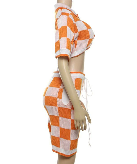 Fall Vibes Retro Orange & White Checkerboard Knit Crop Top & Drawstring Shorts Set