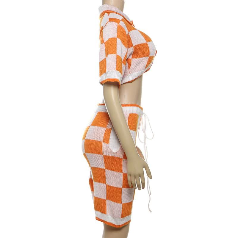 Fall Vibes Retro Orange & White Checkerboard Knit Crop Top & Drawstring Shorts Set