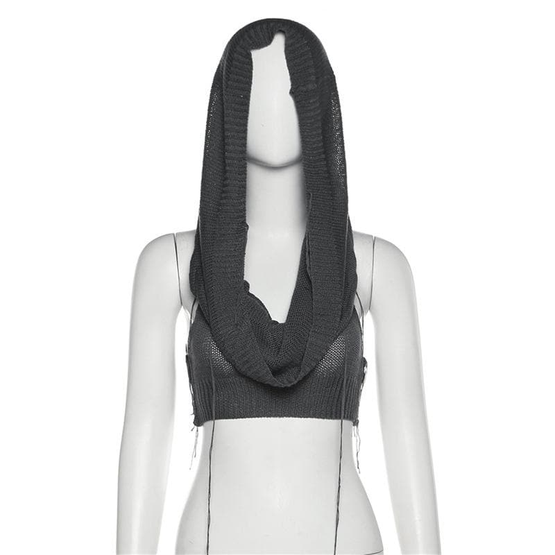 Edgy Knit Sleeveless Hooded Crop Top for Fall – Chic Streetwear Essential