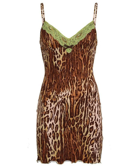 Sultry Leopard Print Cami Mini Dress | Green Lace Trim & Bow | Y2K Fall Fashion
