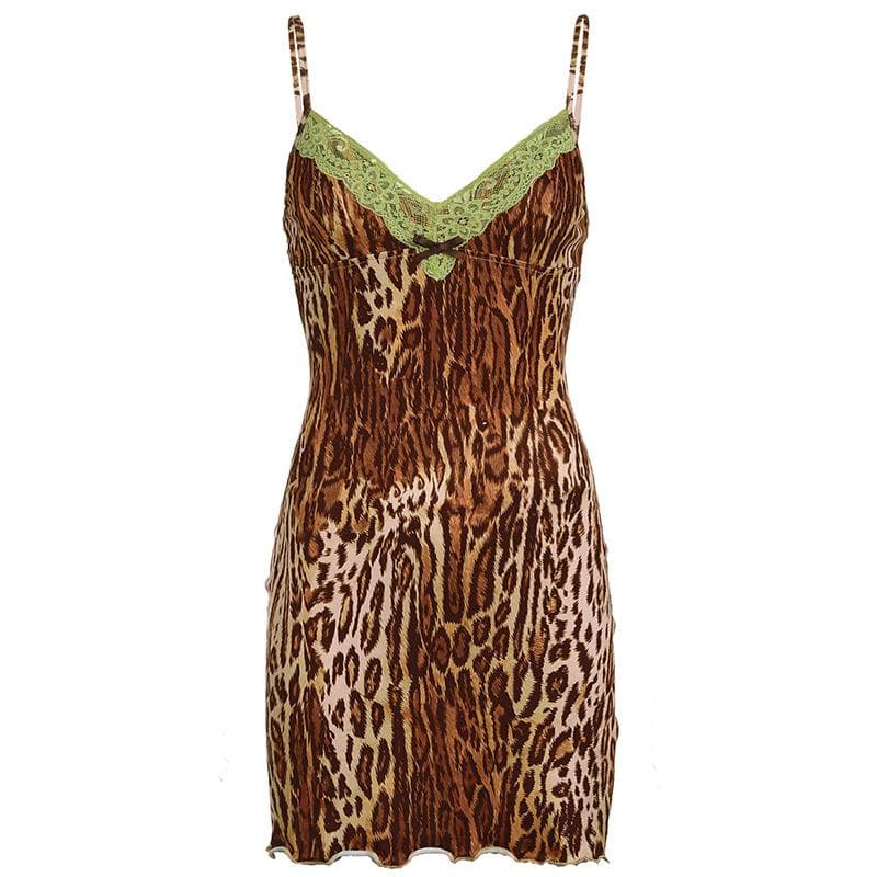 Sultry Leopard Print Cami Mini Dress | Green Lace Trim & Bow | Y2K Fall Fashion