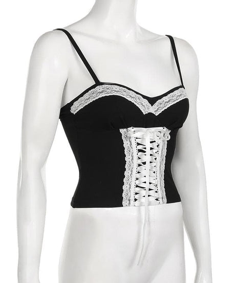 Dark Romance Sweetheart Corset Cami Top - Black & White Lace-Up Elegance
