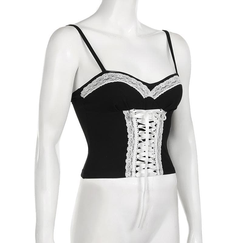 Dark Romance Sweetheart Corset Cami Top - Black & White Lace-Up Elegance