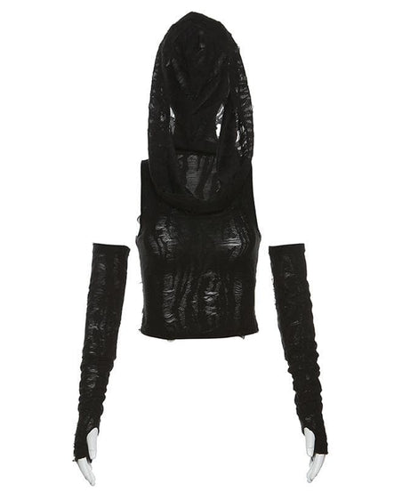 Edgy Distressed Hooded Crop Top & Arm Warmer Set - Grunge Y2K Fall Fashion
