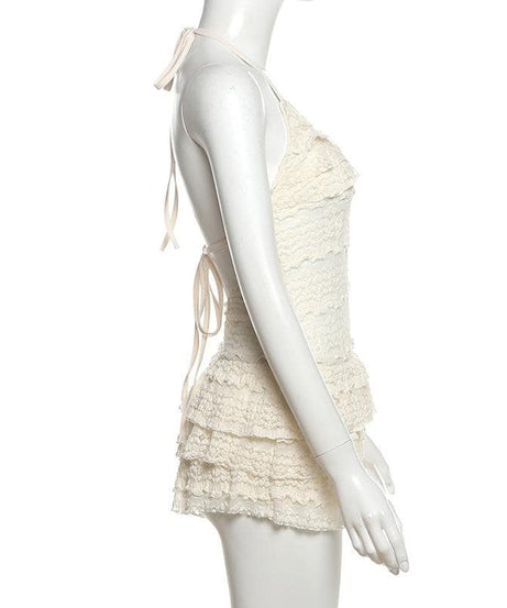 Chic Ruffled Halter Swim Romper - Cream Lace One-Piece Skirted Swimsuit for Tropical Getaways & Resort Wear