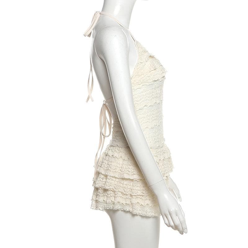 Chic Ruffled Halter Swim Romper - Cream Lace One-Piece Skirted Swimsuit for Tropical Getaways & Resort Wear