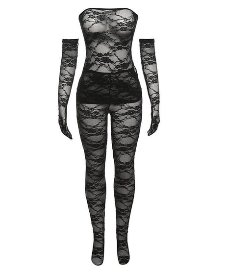 Alluring Black Lace Strapless Bodysuit & Long Gloves Set | Perfect for Halloween & Romantic Fall Nights