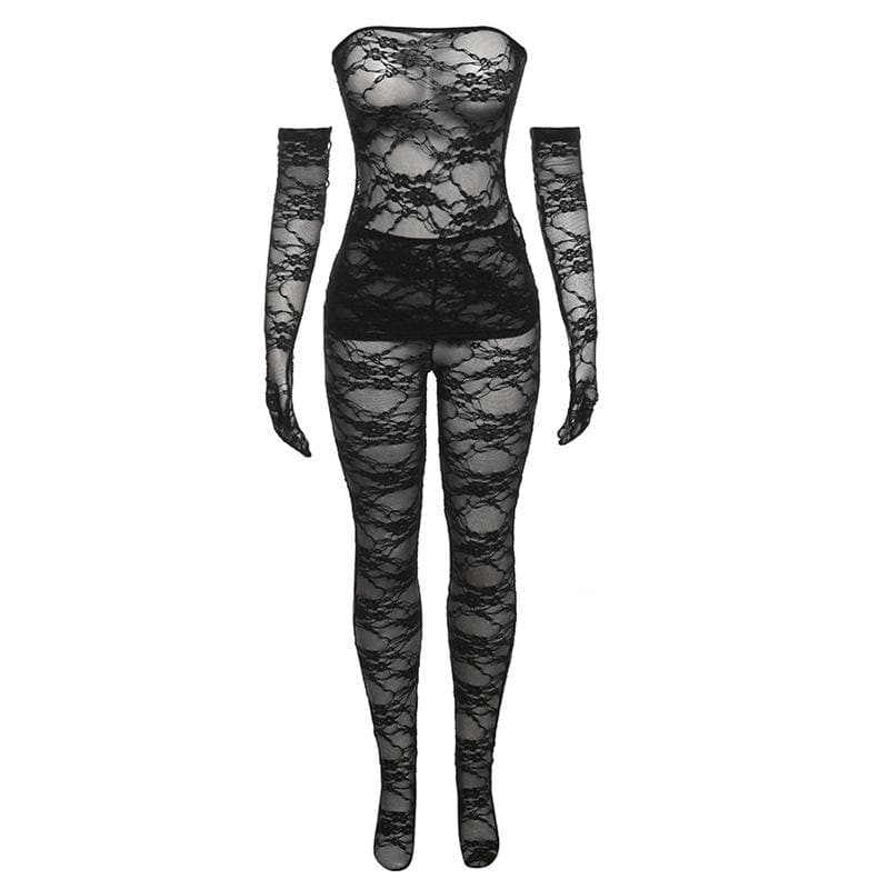 Alluring Black Lace Strapless Bodysuit & Long Gloves Set | Perfect for Halloween & Romantic Fall Nights