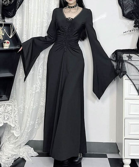 Enchanted Bell Sleeve Black Maxi Dress | Gothic V-Neck Embroidery for Fall & Halloween
