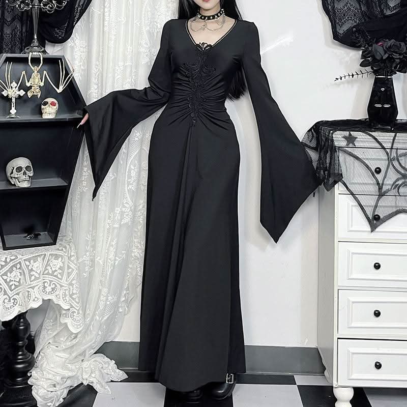 Enchanted Bell Sleeve Black Maxi Dress | Gothic V-Neck Embroidery for Fall & Halloween