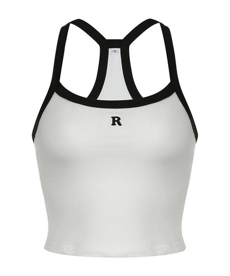 Cozy Chic Navy Racerback Crop Top with 'R' Logo - Fall Athleisure & Layering Essential