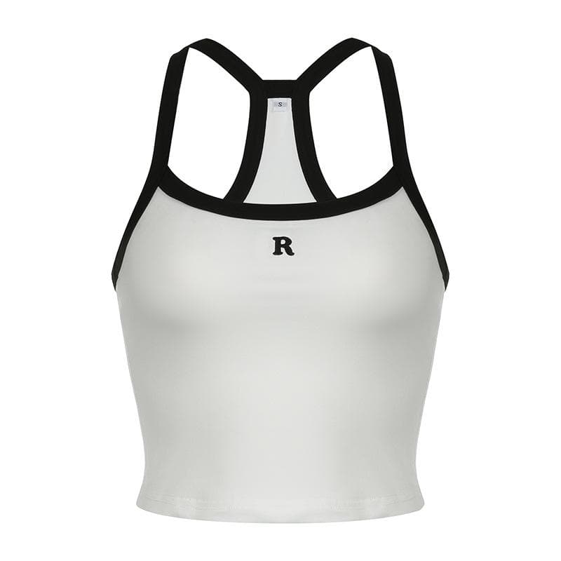 Cozy Chic Navy Racerback Crop Top with 'R' Logo - Fall Athleisure & Layering Essential