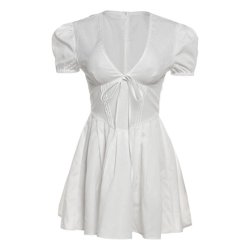 Coquette Fall Vibe: White Puff Sleeve Mini Dress with Sweetheart Tie-Front