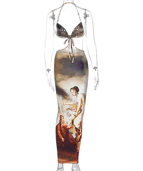 Renaissance Reverie Cut-Out Halter Maxi Dress - Fall Art Print Statement Piece