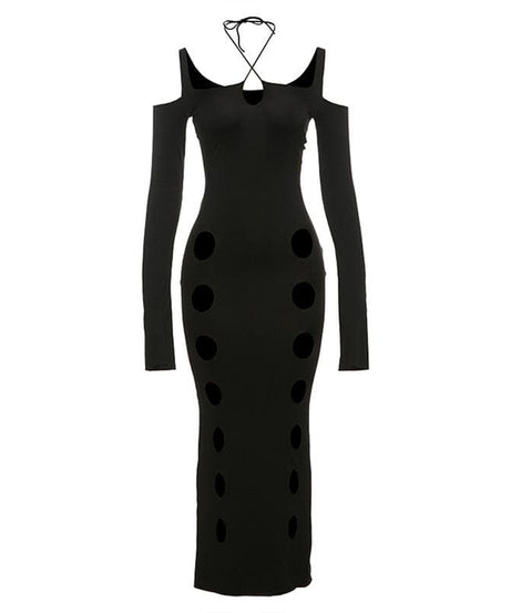 Showstopper Halter Cut-Out Maxi Dress - Edgy Black Bodycon for Fall & Holiday Parties