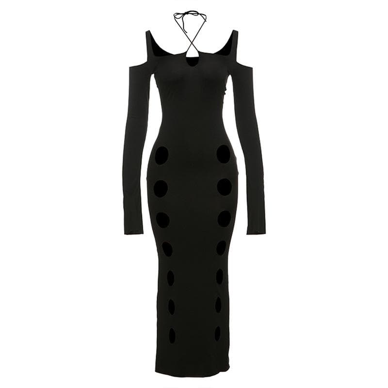 Showstopper Halter Cut-Out Maxi Dress - Edgy Black Bodycon for Fall & Holiday Parties