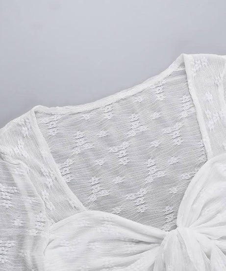 Autumn Whispers Sheer Floral Tie-Front Blouse - Romantic Y2K Long Sleeve Top for Women