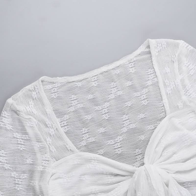 Autumn Whispers Sheer Floral Tie-Front Blouse - Romantic Y2K Long Sleeve Top for Women