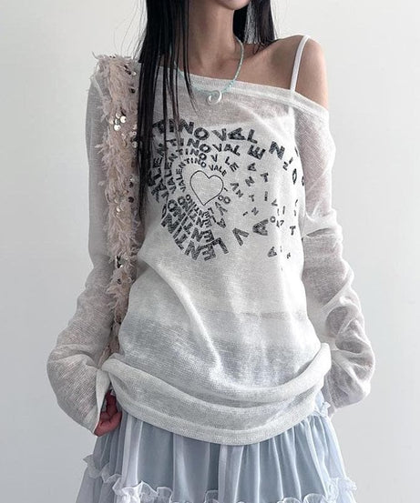 Y2K Coquette Sheer Knit Top - Off-Shoulder Graphic Long Sleeve for Fall