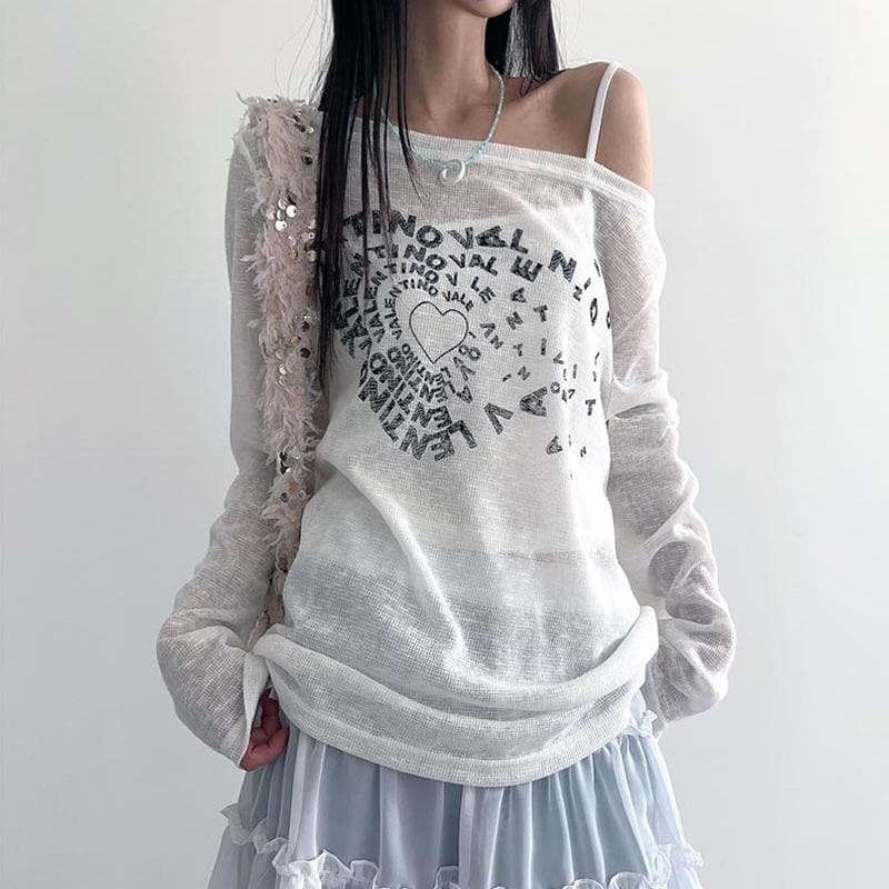 Y2K Coquette Sheer Knit Top - Off-Shoulder Graphic Long Sleeve for Fall