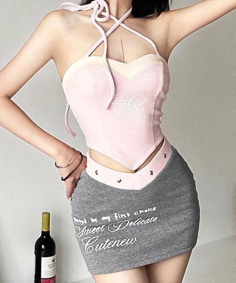 Sweetheart Coquette Pink Halter Crop Top & V-Cut Mini Skirt Set – Trendy Fall Style