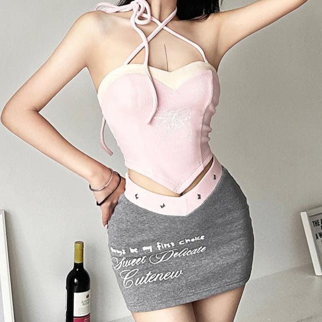 Sweetheart Coquette Pink Halter Crop Top & V-Cut Mini Skirt Set – Trendy Fall Style