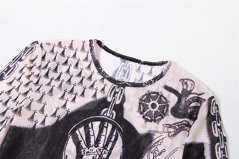 Unleash Your Edge: Mystical Art Print Sheer Mesh Maxi Dress - Fall & Halloween Ready