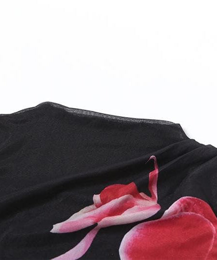 Sultry Orchid Blossom Mock Neck Mini Dress - Black Ruched Mesh for Fall & Holiday Parties