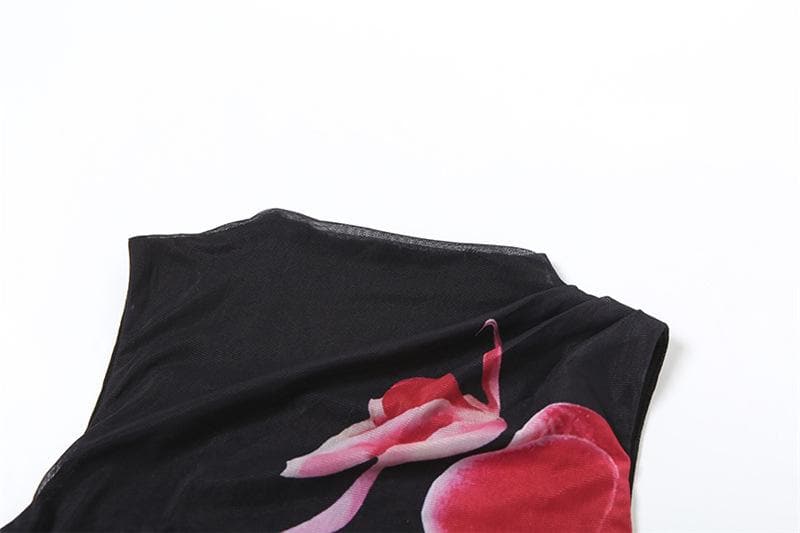 Sultry Orchid Blossom Mock Neck Mini Dress - Black Ruched Mesh for Fall & Holiday Parties