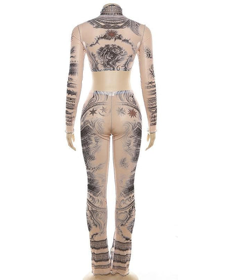 Second Skin Faux Tattoo Mesh Set | Crop Top & Flare Pants | Edgy Fall & Halloween Style