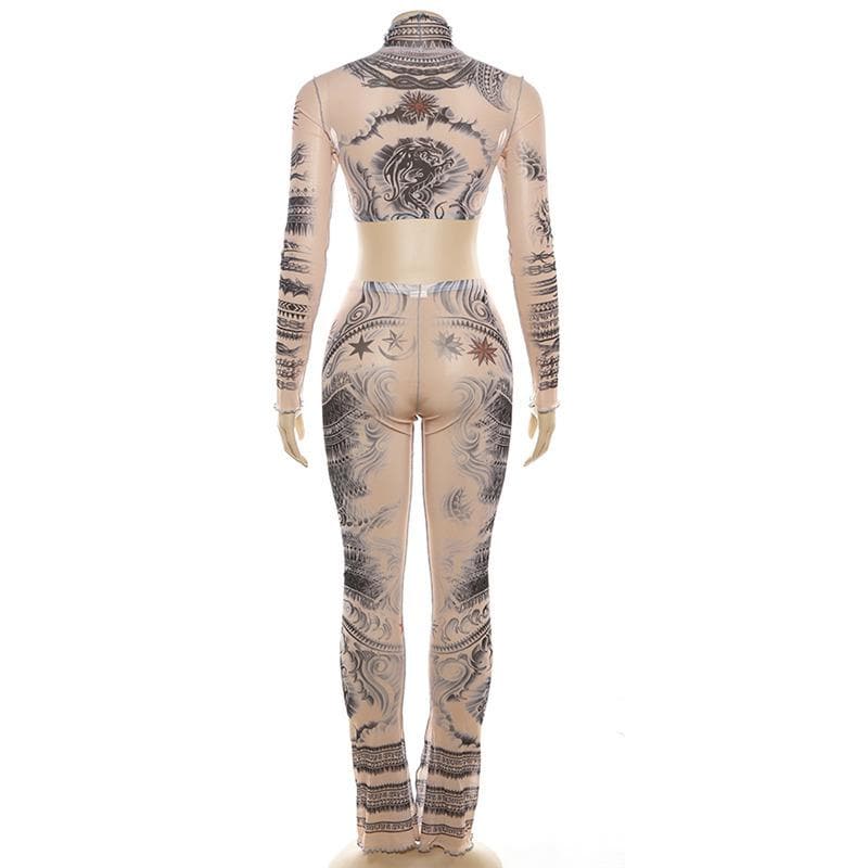 Second Skin Faux Tattoo Mesh Set | Crop Top & Flare Pants | Edgy Fall & Halloween Style