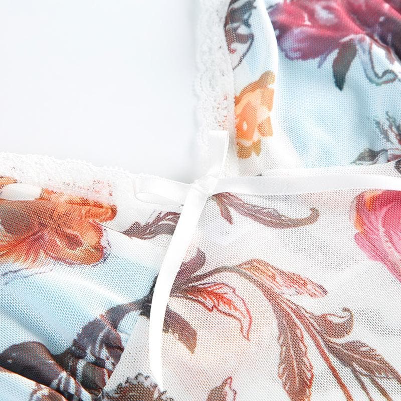 Y2K Romantic Floral Mesh Halter Top with Lace Trim - Autumn Bloom Sheer Cami