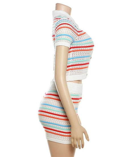 Coastal Chic Striped Crochet Knit Two-Piece Short Set – Your Go-To for Fall Getaways & Sunny Escapes