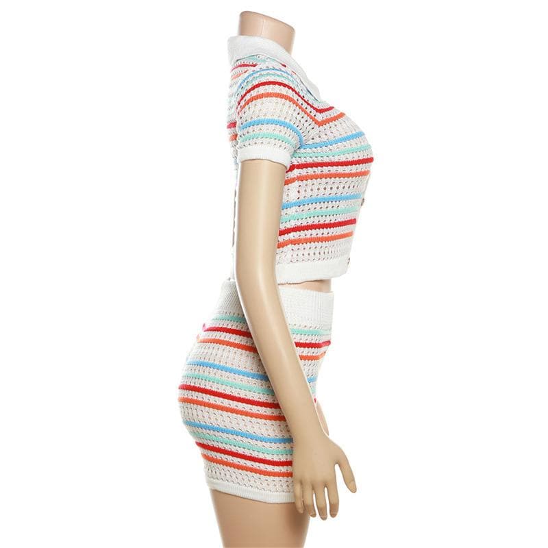 Coastal Chic Striped Crochet Knit Two-Piece Short Set – Your Go-To for Fall Getaways & Sunny Escapes