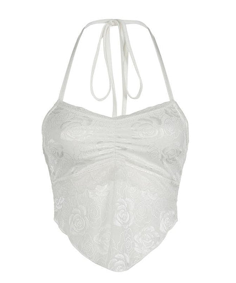 Enchanting White Rose Lace Halter Crop Top - Y2K Romantic Style for Fall & Halloween