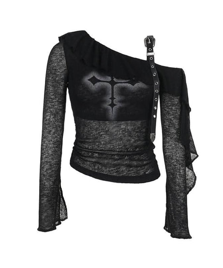 Gothic Glam Cross One-Shoulder Top - Edgy Fall & Halloween Statement