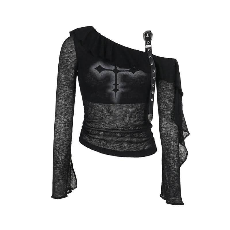 Gothic Glam Cross One-Shoulder Top - Edgy Fall & Halloween Statement