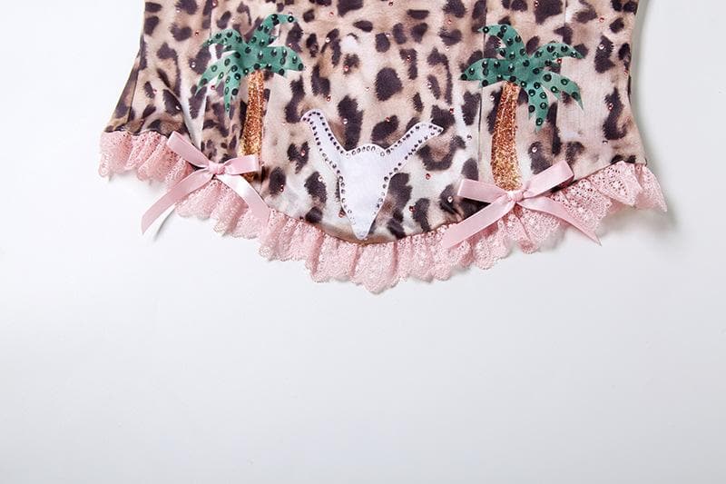 Vegas Vixen Pink Leopard Tube Top - Y2K Glam, Bows & Lace for Wild Fall Nights