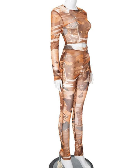 Fall Femme Fatale: Abstract Art Mesh Crop Top & Flared Leggings Set - Trendy 2-Piece Co-Ord