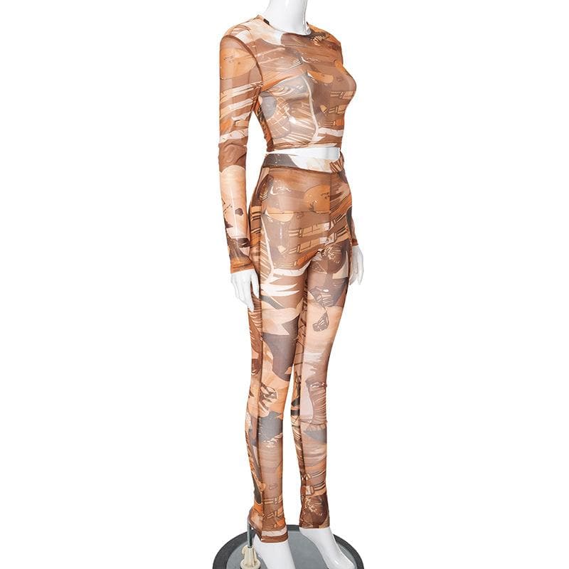 Fall Femme Fatale: Abstract Art Mesh Crop Top & Flared Leggings Set - Trendy 2-Piece Co-Ord