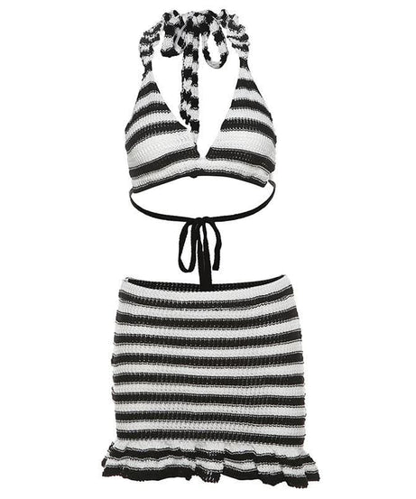 Fall Getaway Chic: Striped Knit Halter Top & Ruffle Mini Skirt Set