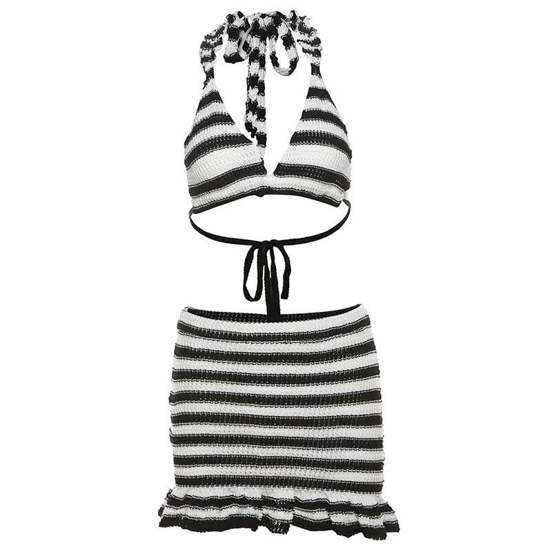 Fall Getaway Chic: Striped Knit Halter Top & Ruffle Mini Skirt Set