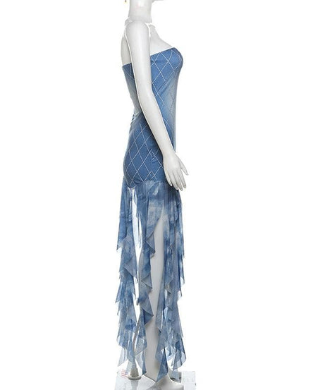Statement-Making Denim-Look Diamond Tube Dress with Flowing Fringe Hem | Fall Party Ready