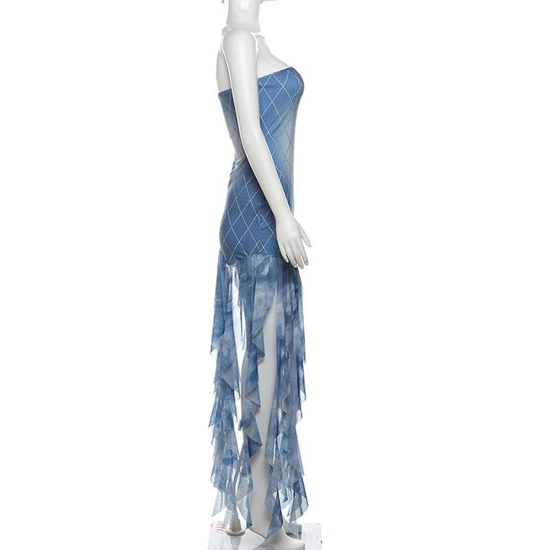 Statement-Making Denim-Look Diamond Tube Dress with Flowing Fringe Hem | Fall Party Ready