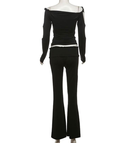 Effortless Autumn Chic: Black Off-Shoulder Top & Flare Pant Set