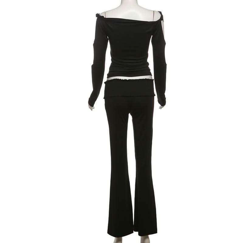 Effortless Autumn Chic: Black Off-Shoulder Top & Flare Pant Set